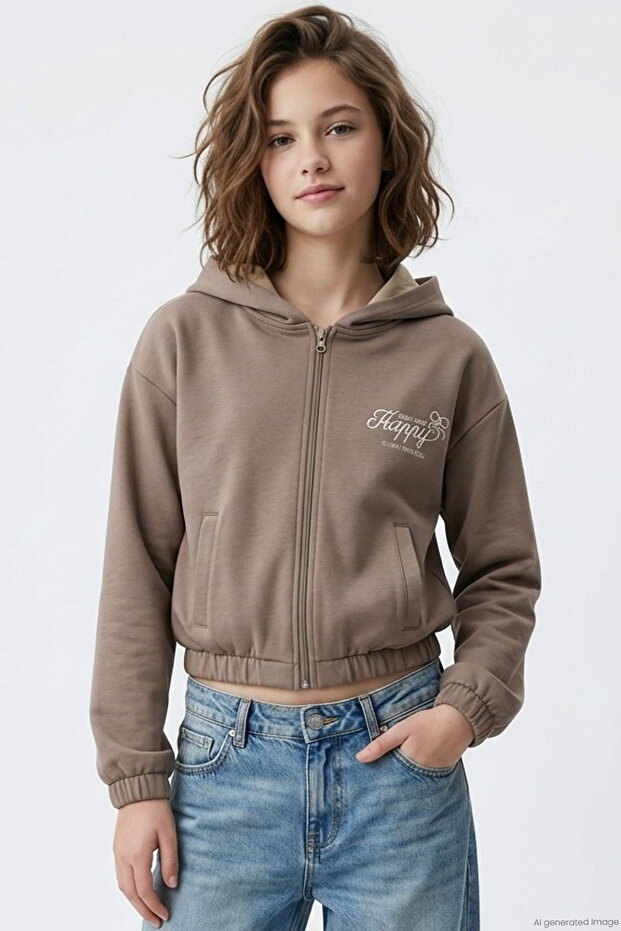 Girl's Cardigan with Embroidered Text, Hooded, Elastic Waist, Ages 9-14, Mink