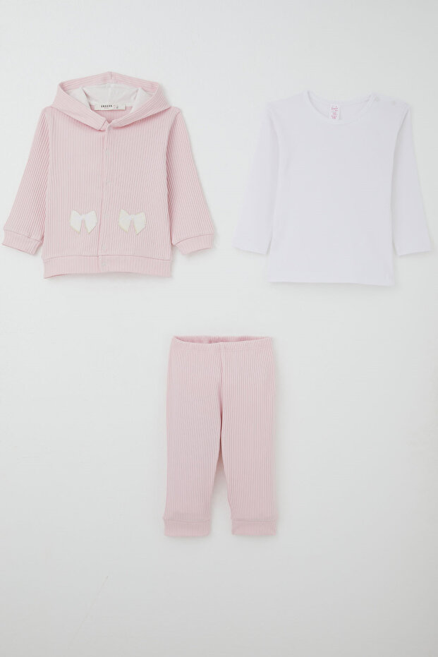 Baby Girl Bodysuit 3-Piece Set with Bow Embroidery, 4 Months - 1 Year, Pink