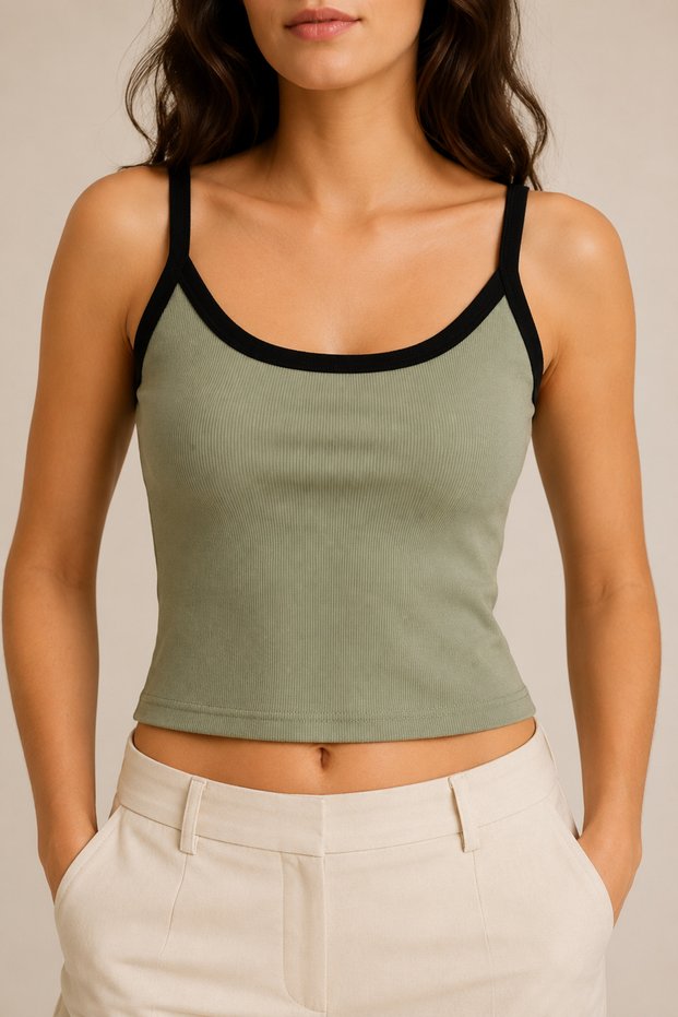Women's Thin Straps Contrast Ribbed U-Neck Ribbed Crop Tank Top