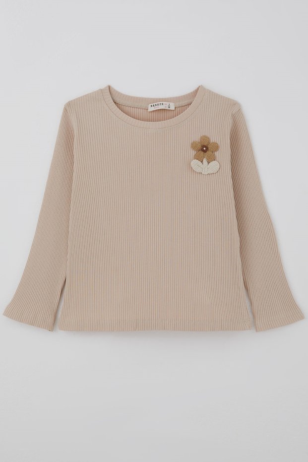 Girl's Long Sleeve T-Shirt with Floral Emblem Detail, Ages 3-7, Beige