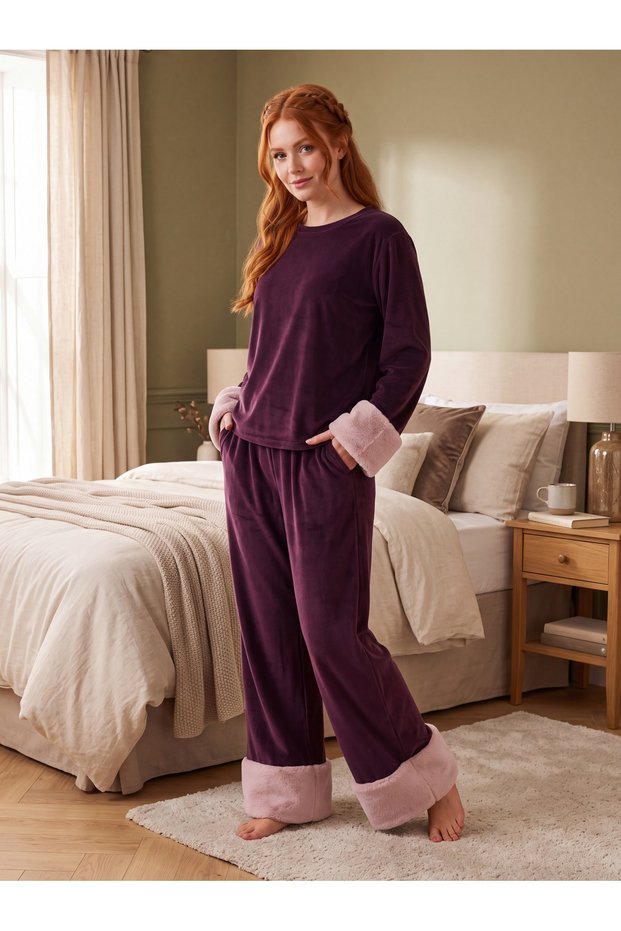 New Season Women's Winter Plush Detailed Design Long Sleeve Velvet Pajama Set