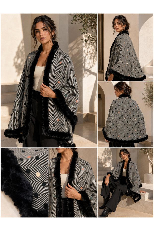 Women's Black Polka Dot Woven Poncho Pnc12