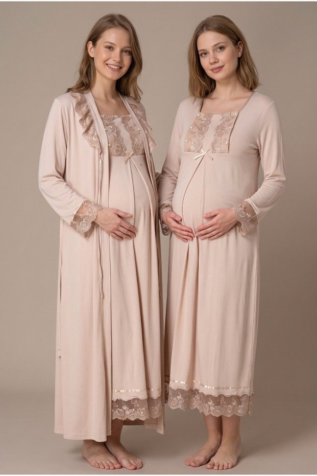 Women's Beige Lace Full Length Nursing Detailed Maternity Nightgown Set with Dressing Gown