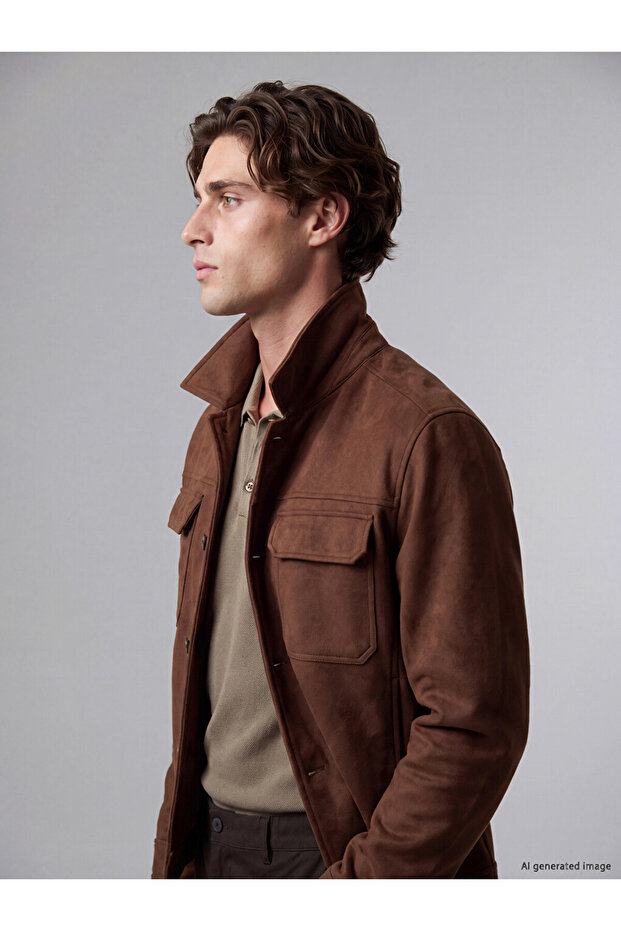 Ozmarka New Season Brown Regular Fit Shirt Collar Men's Suede Coat