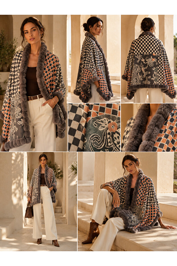 Women's Khaki Multi-Pattern Woven Poncho Pnc09