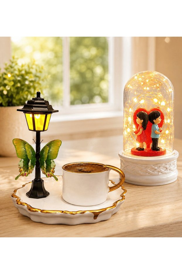 Premium Turkish Coffee Cup and Led Lighted Jar (Back-To-Back Lovers) Set with Led Street Lamp