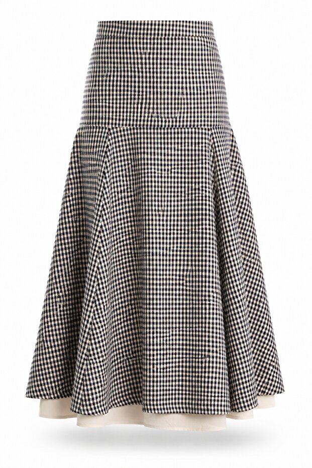 Black Gingham Patterned Flared Skirt 03003