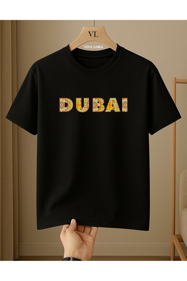 100% Cotton Regular Unisex T-Shirt with Motifed Dubai Text Printed on It