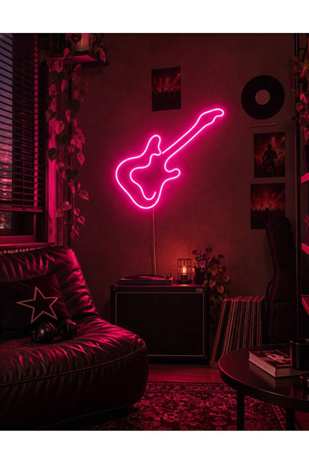 Elektro Gitar Figürlü LED Neon Duvar Tablosu | Pembe Aydınlatmalı Dekor | Müzik Odası