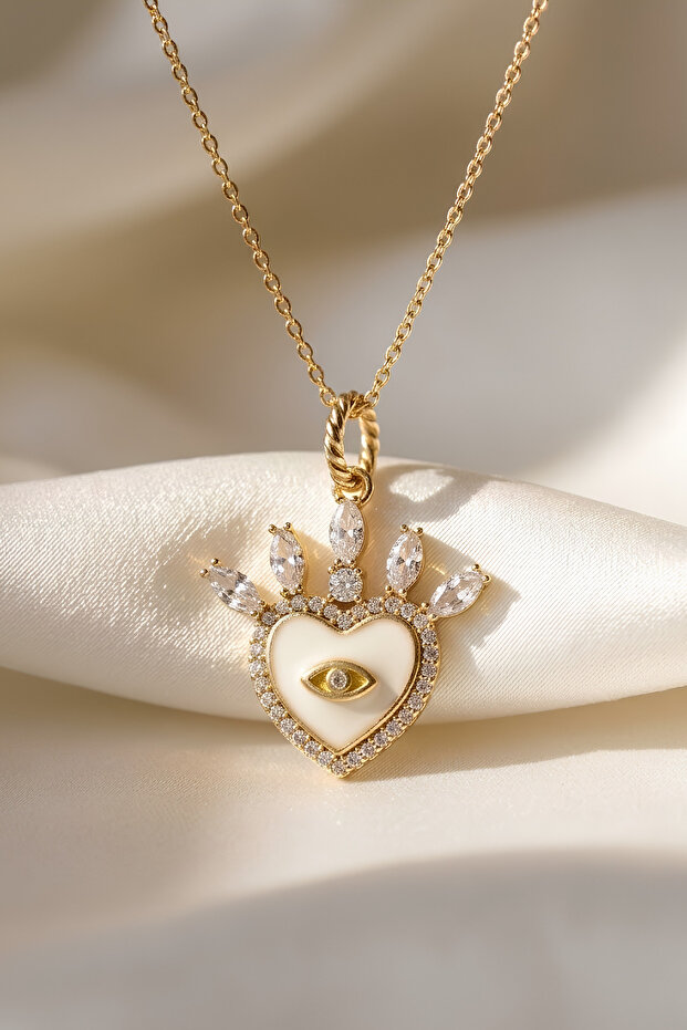 Zircon Natural Stone Pendant Heart with Eyes Design Premium Necklace