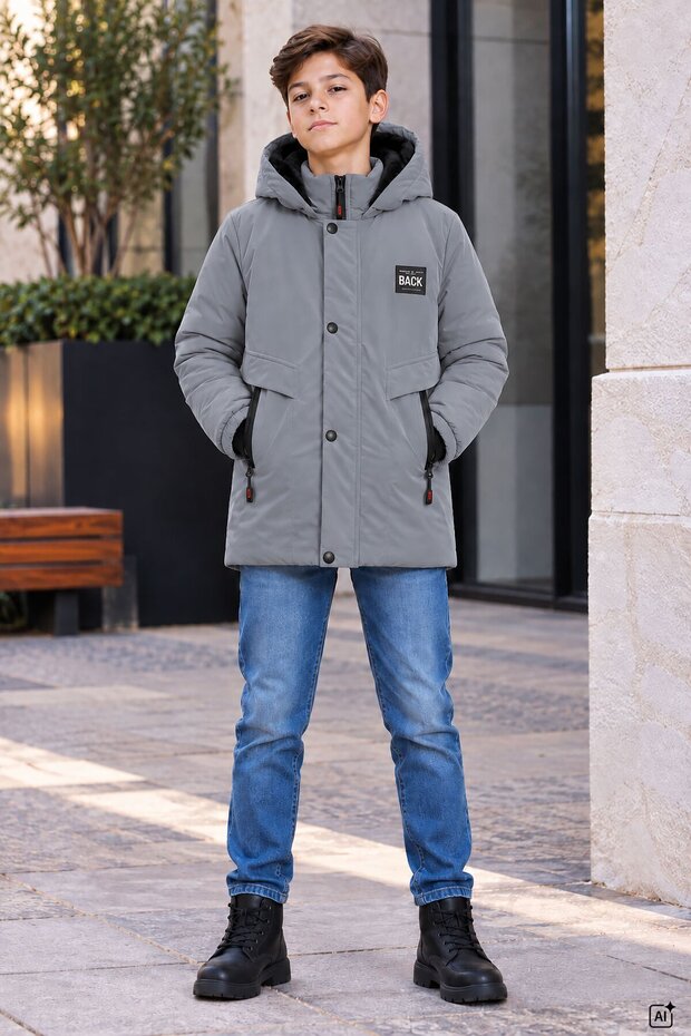 Anthracite Zipper Pocket, Arma Detail, Fur Inside, Removable Hood, Boy's Coat 24907