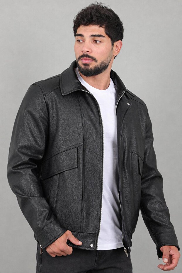 Cross-Cover Patterned Faux Leather Coat Kmd 842_50528