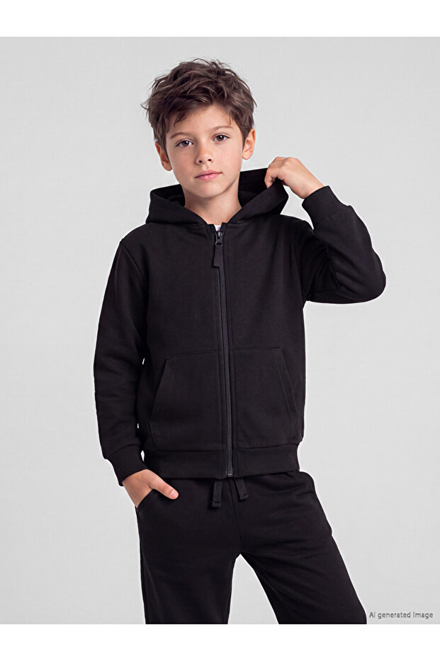 Ozmarka New Season Black Hooded Boys' Zippered Sweatshirt