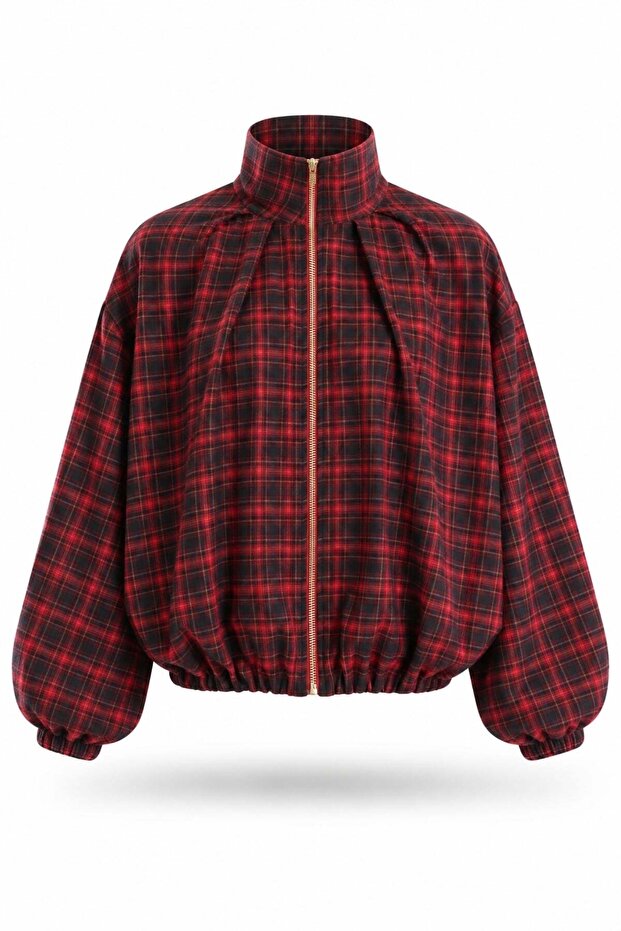 Burgundy Stand Collar Plaid Bomber Jacket 9784