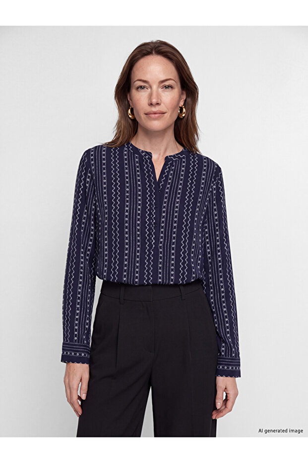 Peak New Season Navy Blue Collared Patterned Blouse
