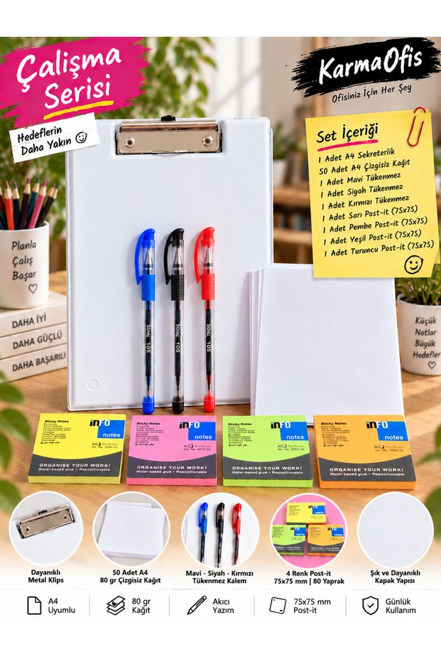 A4 Covered Secretary Work Set White – 50 Sheets of Unlined Paper, 3 Ballpoint Pens and 4 Colored Sticky Notes