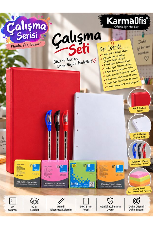 A4 4-Ring Folder Work Set with 8 Color Options Red – 100 Sheets of A4 Unlined Paper, 3 Ballpoint Pens and 4 Color Post-Its