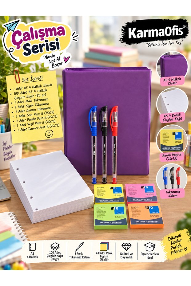 A5 4-Ring Folder Study Set Purple – 100 Sheets, 3 Ballpoint Pens and 4 Colored Sticky Notes