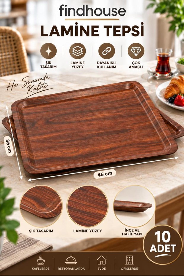 Laminated Non-Slip Base Serving Tray 10 Pcs 36X46 Home, Workplace, Cafe, Restaurant, Hotel, Diner, Dining Hall