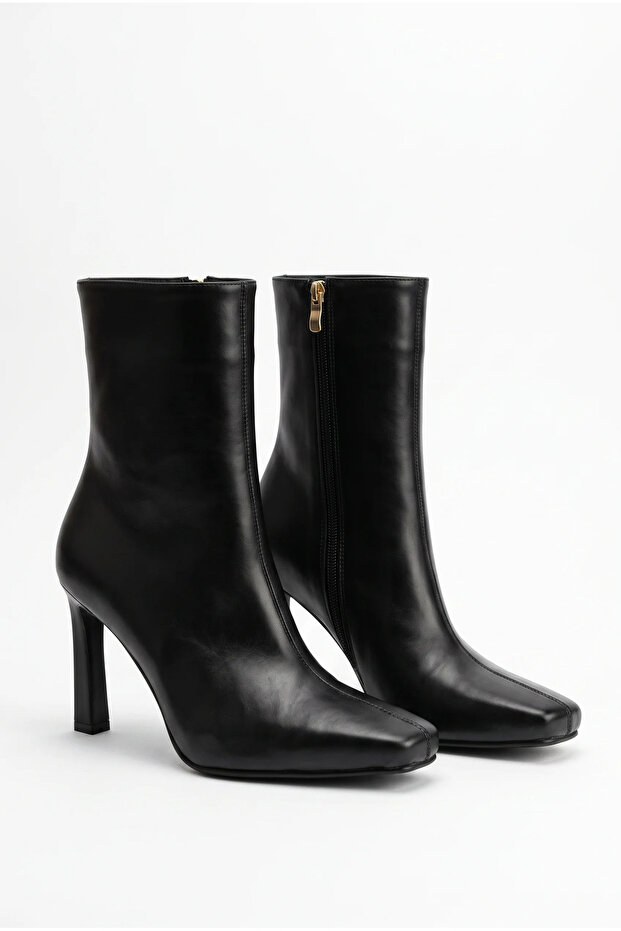 Women's Thin Heeled Square Toe Zippered Ankle High Heel Boots - Lumi - Black Leather