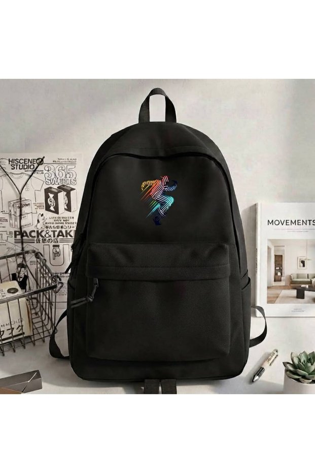 Black Youth / School Bag with Dynamic Line Design Dancing Figure Motif