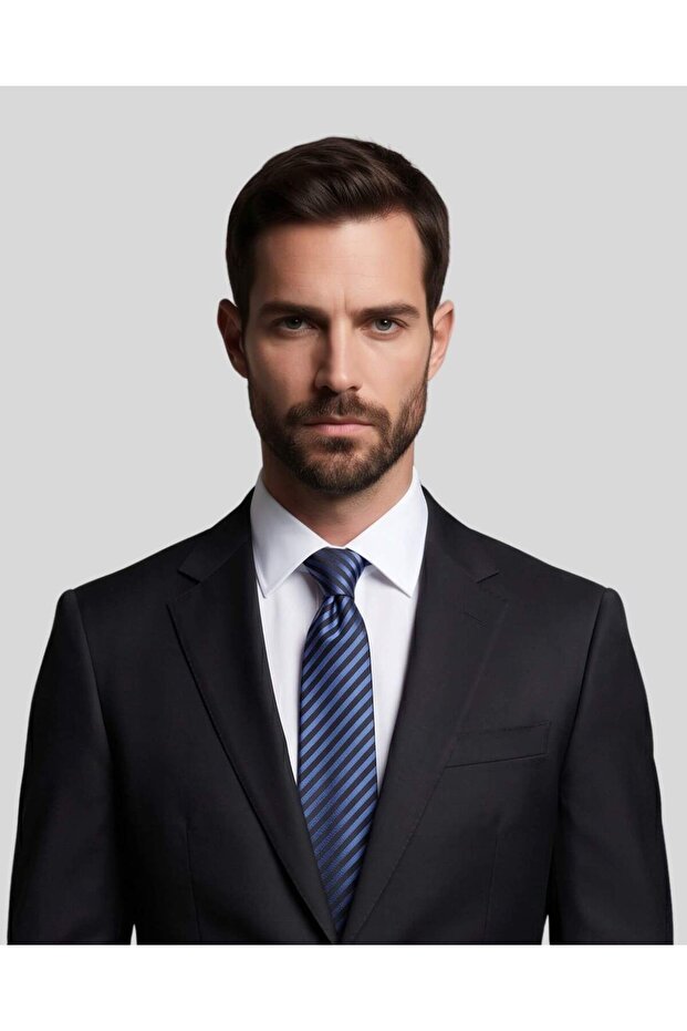 Dark Blue Silk Tie with Black Stripes – 7.5 cm Wide