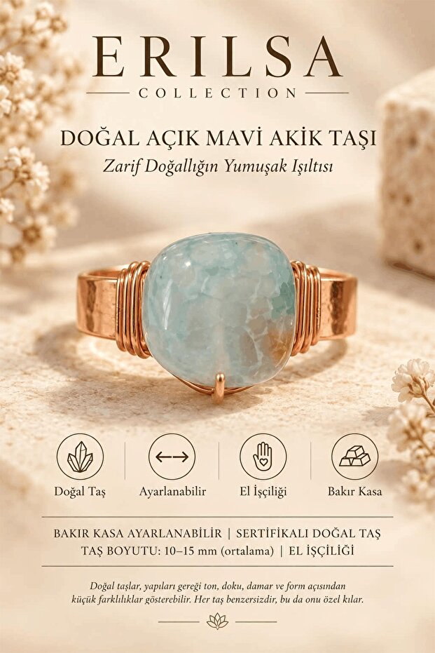 Certified Light Blue Agate Stone Natural Stone Ring Copper Case Adjustable