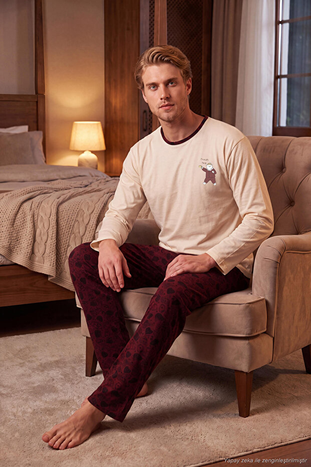 Printed Cotton Crew Neck Long Sleeve Pajama Set Men's Pajama Set 6575004