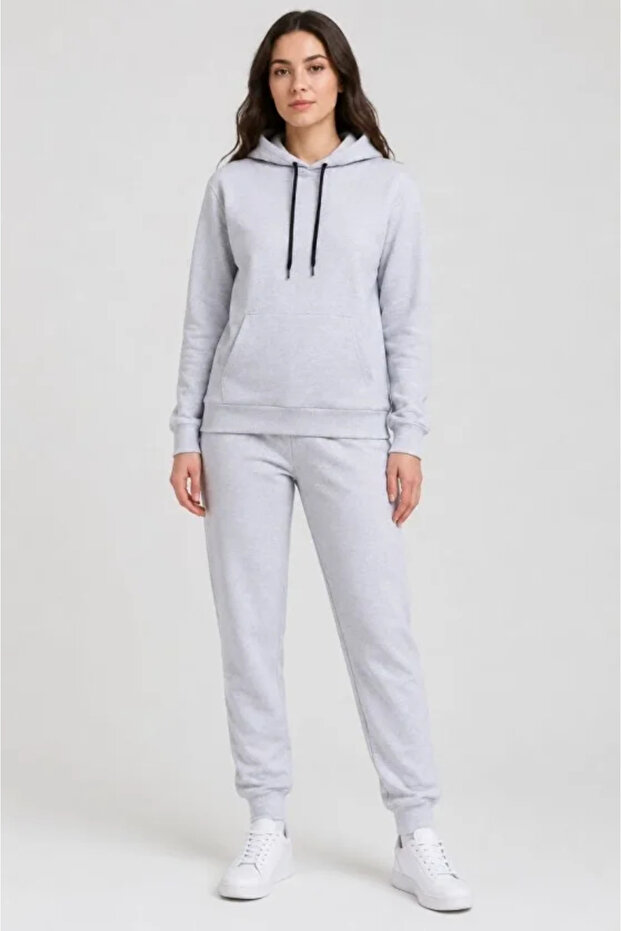 Two-Thread Hooded Jogger Tracksuit Set with Kangaroo Pockets - White