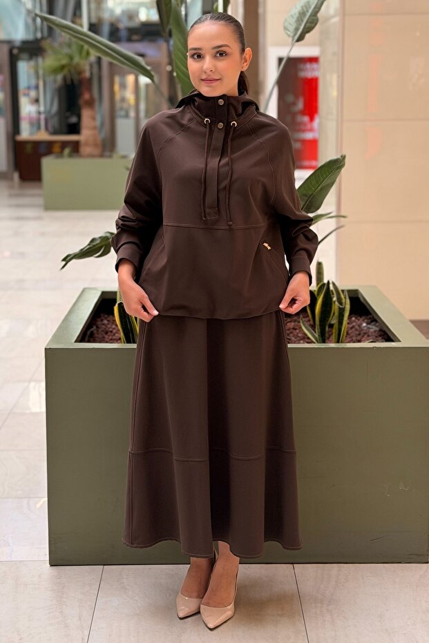 Hooded Drawstring Tunic Skirt Set