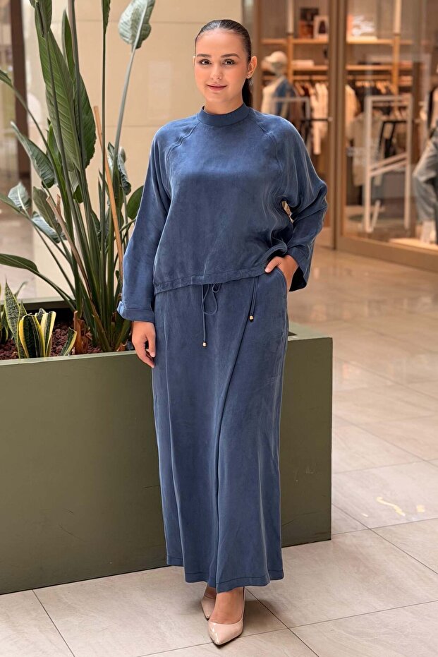 Short Front, Long Back Tunic and Trousers Set with Drawstring Detail