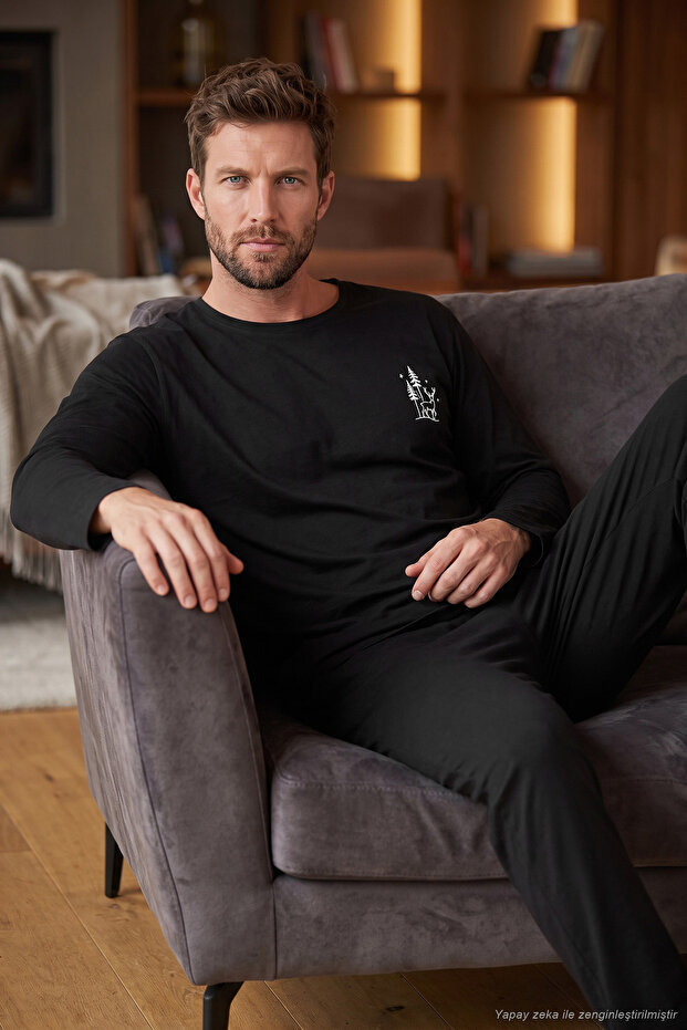Minimal Printed Cotton Long Sleeve Pajama Set Men's Pajama Set 6575005