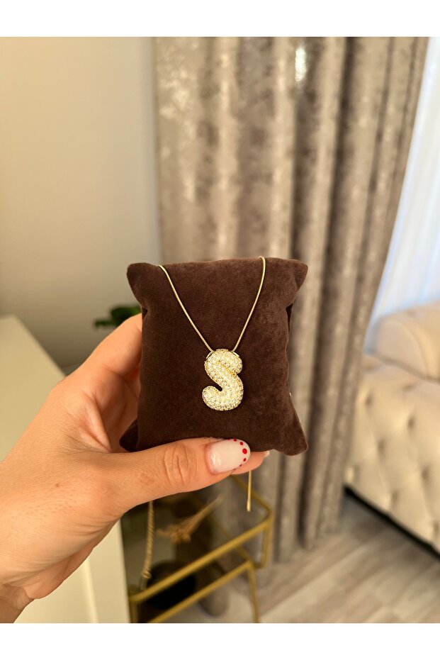 Stone-Encutured Bombe S Letter Pendant - Gold