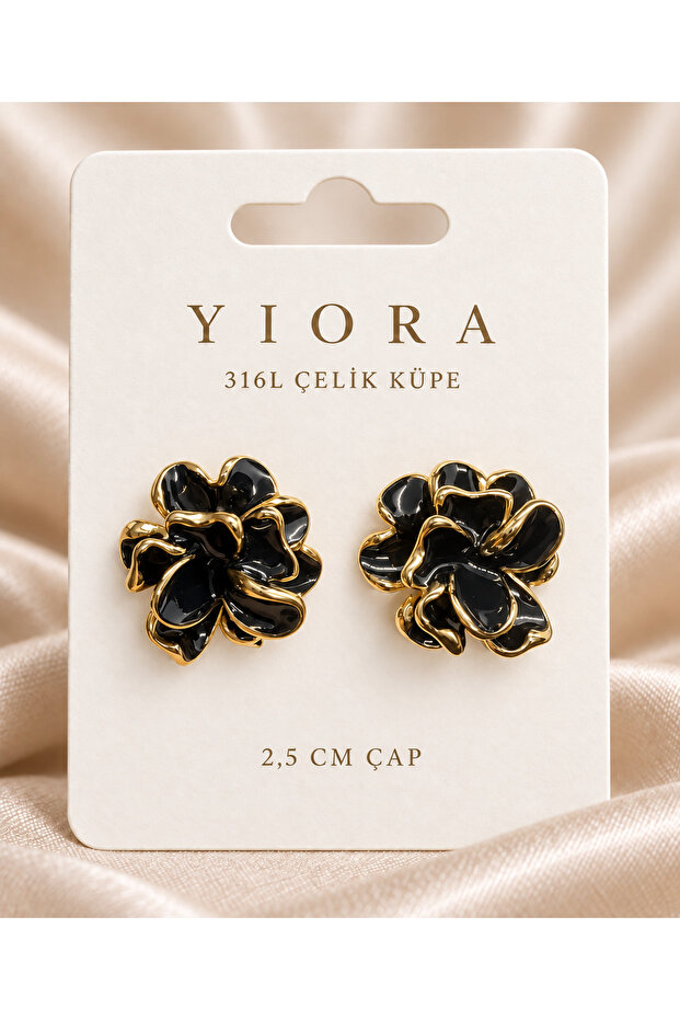 Women's Black Gold Layered Flower Earrings 2.5 cm Stainless Steel Stud Model