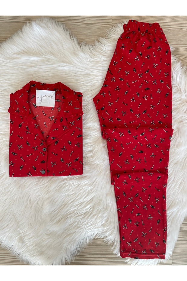 Red Candy Cane Patterned Suede Shirt Collar Long Sleeve Pajama Set