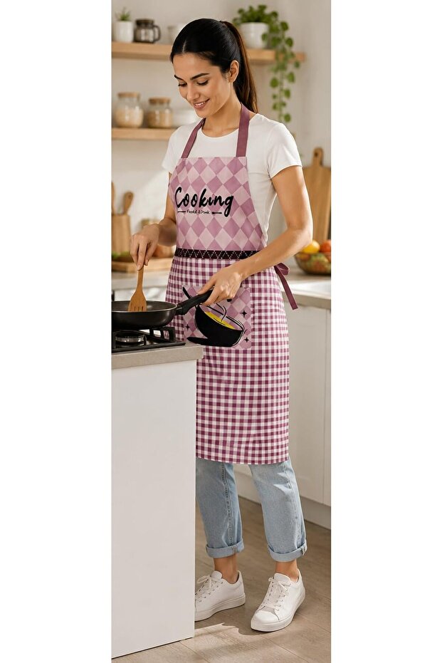 Women's Kitchen Cooking Apron with Front Pocket, Pink Checkered Adjustable Neck Strap, Front Pocket, Gingham Print, Food & Drink Design, Full Coverage