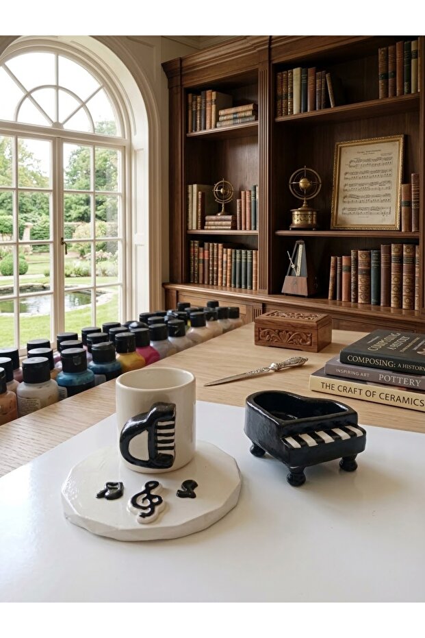 Black Piano & Note Detailed Handmade Cup and Saucer Set – Special Design Gift Cup