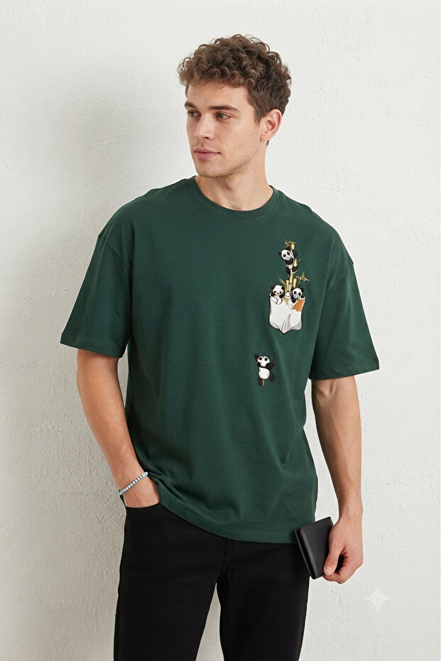 Panda Printed - Top Quality Cotton Fabric Oversize Simit Collar Short Sleeve T-Shirt Khaki