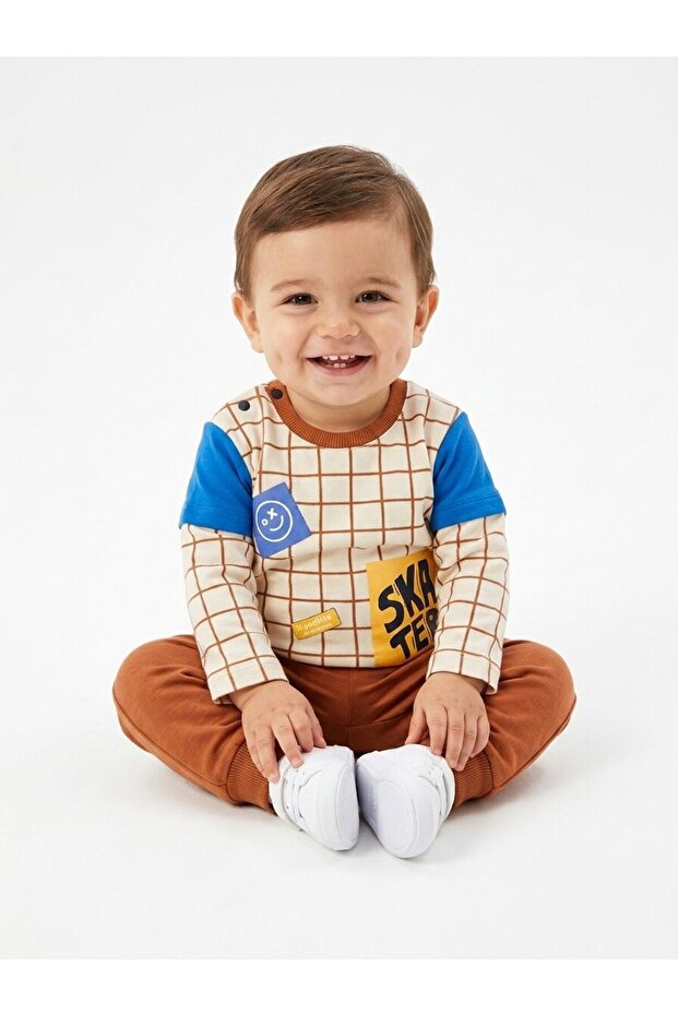 Cotton Checkered Adventure Baby Boy 2-Piece Set Brown and Blue