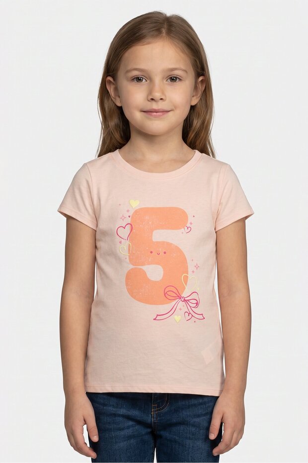 Kids Girl Graphic Print Short Sleeve Top, Peach