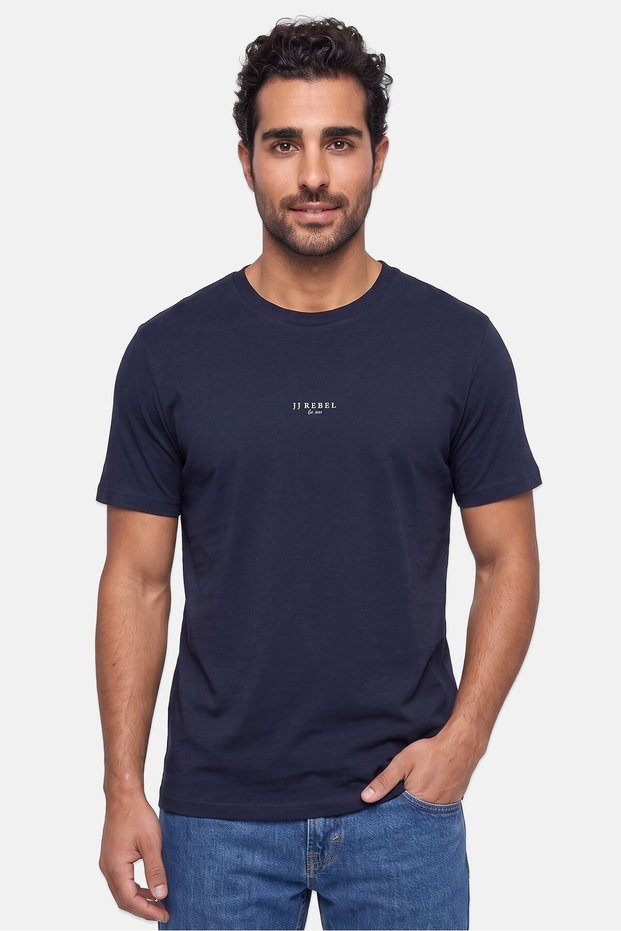 Men Crew Neck Short Sleeve Brand Logo T-Shirt, Navy