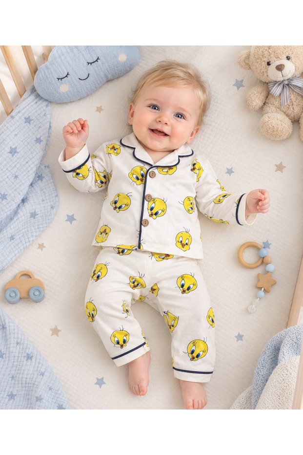 Chick Patterned Long-Sleeved Top and Bottom Baby Pajama Set-100% Cotton