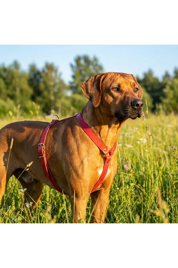 Genuine Leather Red Dog Harness and Leash Set - Luxury Pet Vest and Harness