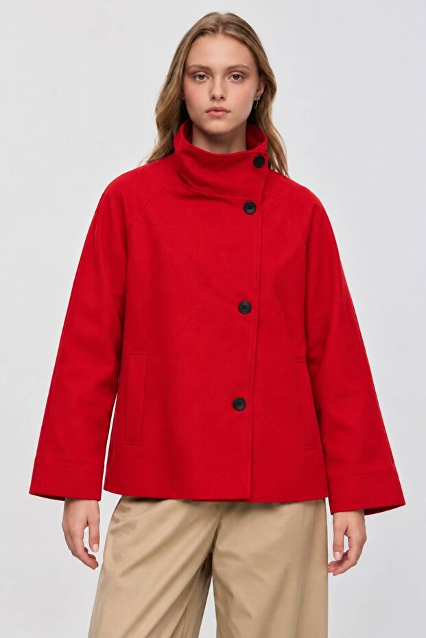 Women's Stand Collar Buttoned Jacket Oversize Relaxed Fit Stylish Winter Autumn Jacket with Pockets