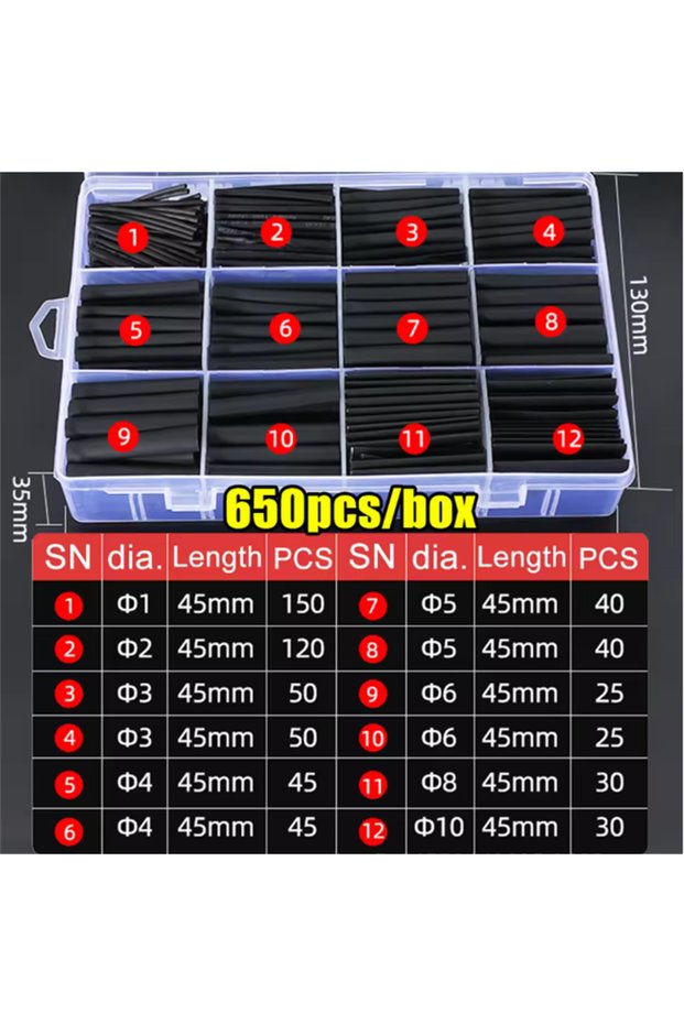 Mixed-size 650pcs-box Black Heat Shrink Tube Kit Thermoresistant Tubing Shrink Wire Wrapping Electri