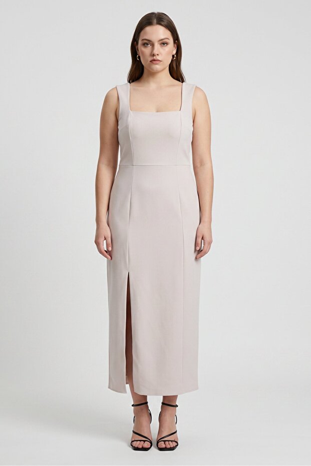 Women Solid Casual Midi Dress, Beige
