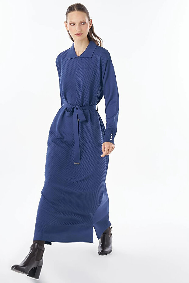Belted Knitwear Dress Indigo