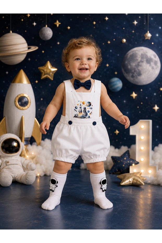 Space Concept Astronaut Figure Boy 1 Year Old 2 Year Old Birthday Jumpsuit Bow Tie Socks Set