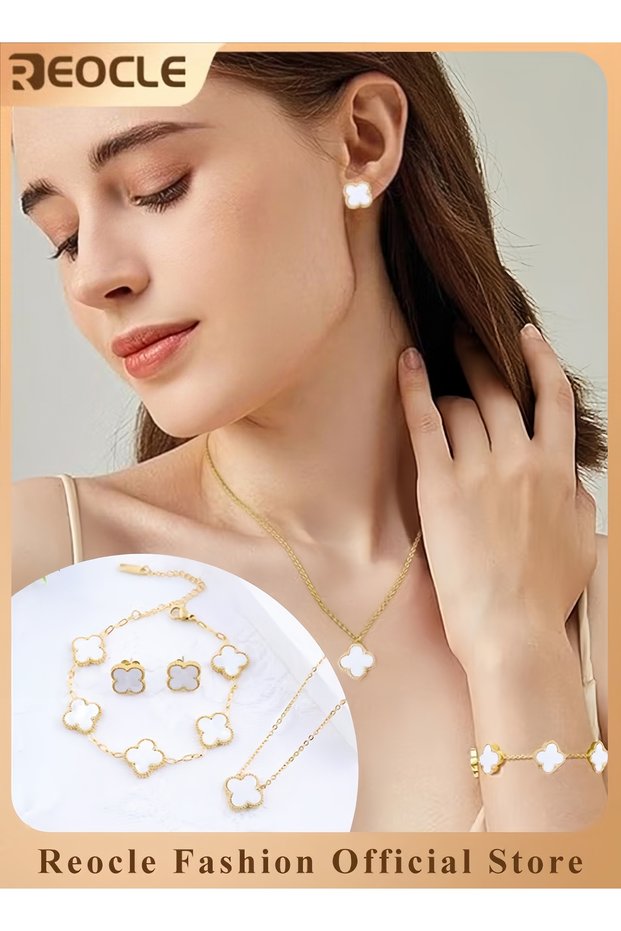 Women's 3pcs Jewelry Set Four Leaf Clover Necklace Earring Bracelet Set 18K Gold Plated Double-sided Lucky Jewelry Set as Gift for Women & Ladies
