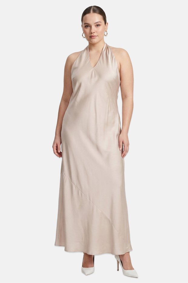 Women Halter Neck Sleeveless Maxi Dress, Beige